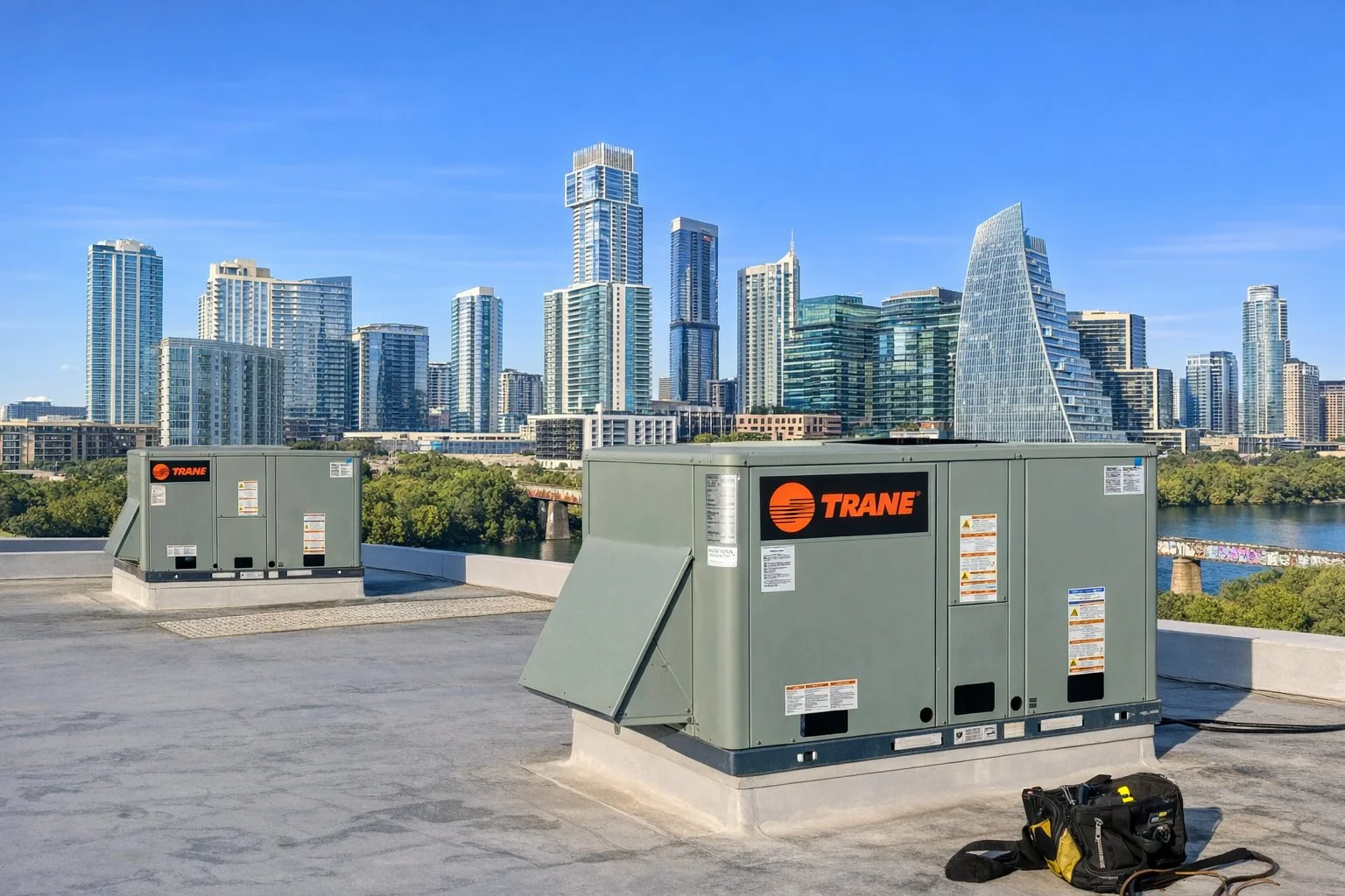 Unbelievable Air — Trane commercial HVAC units installed in Austin TX with the downtown skyline